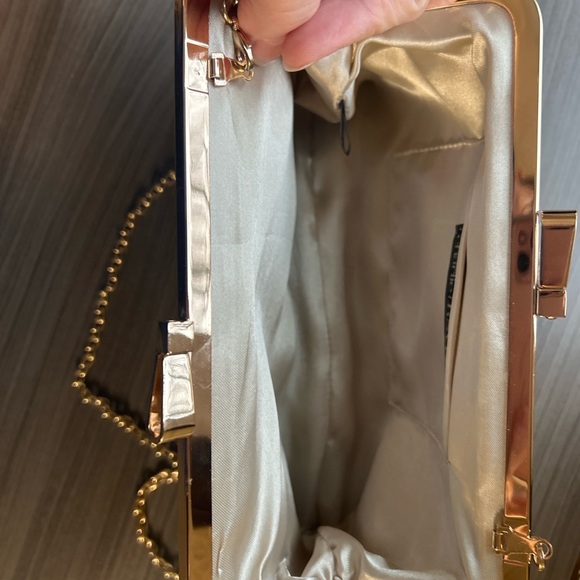 Charlie RSVP Champagne Satin Pleated Clutch Gold Frame Evening Bag - Picture 4 of 5